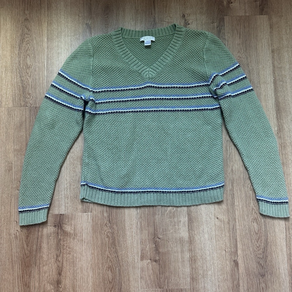 Vintage Christopher & Banks‎ Ramie Cotton Blend Green V Neck Sweater Size Large